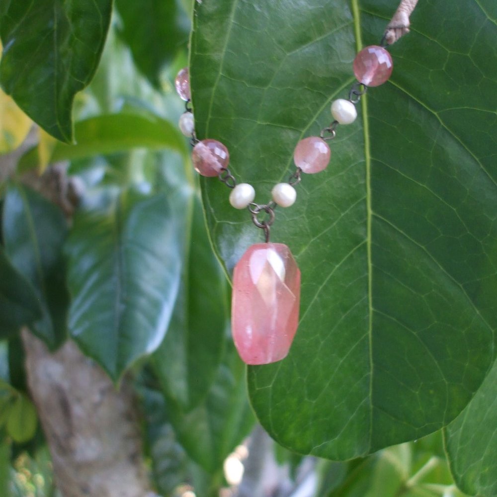 Pink faceted Rose Quartz and pearl neckace
